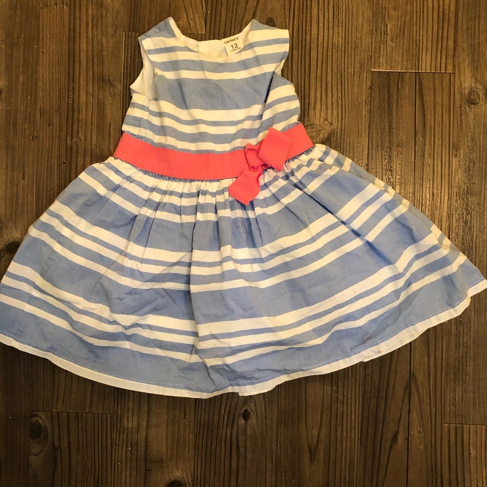 Carter's blue and white striped dress with pink bow, size 12 months - Picture 3 of 6
